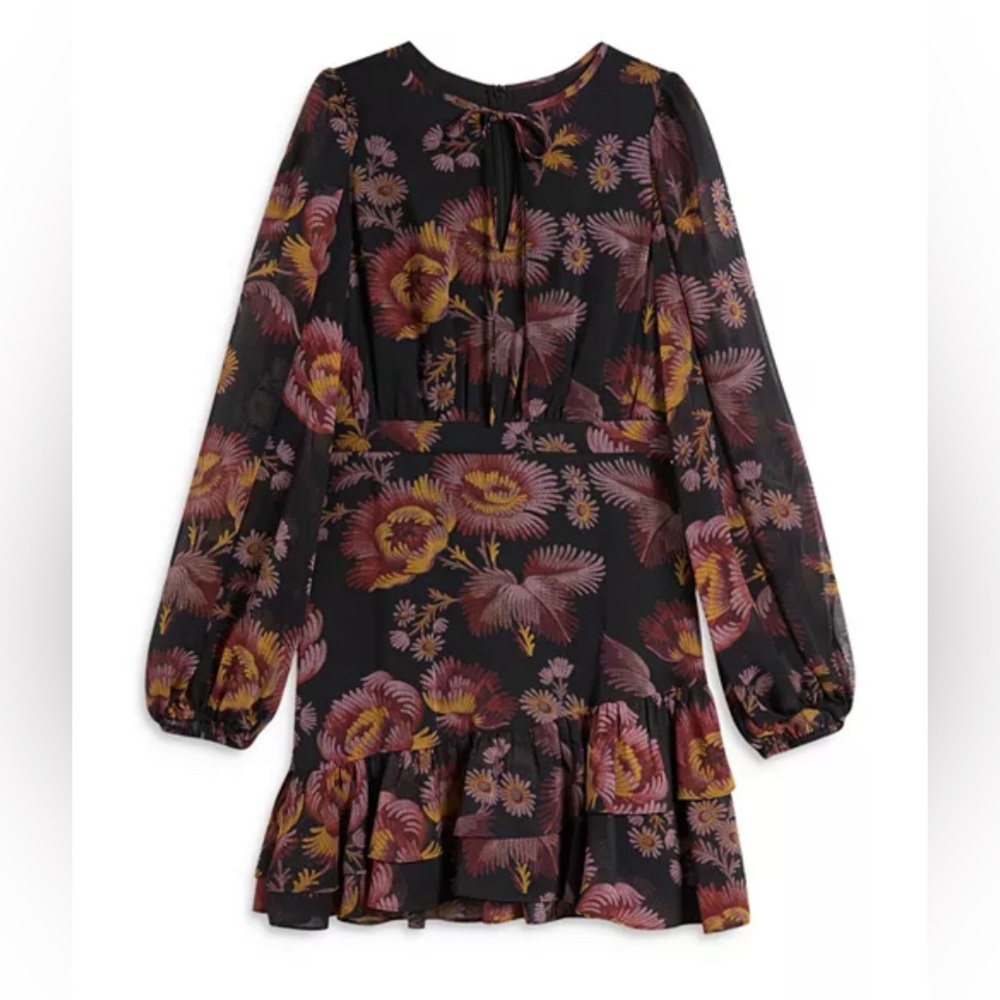 New”Ted Baker Piara Ruffle Hem Mini Dress-Size:1(Small)black/multicolor floral